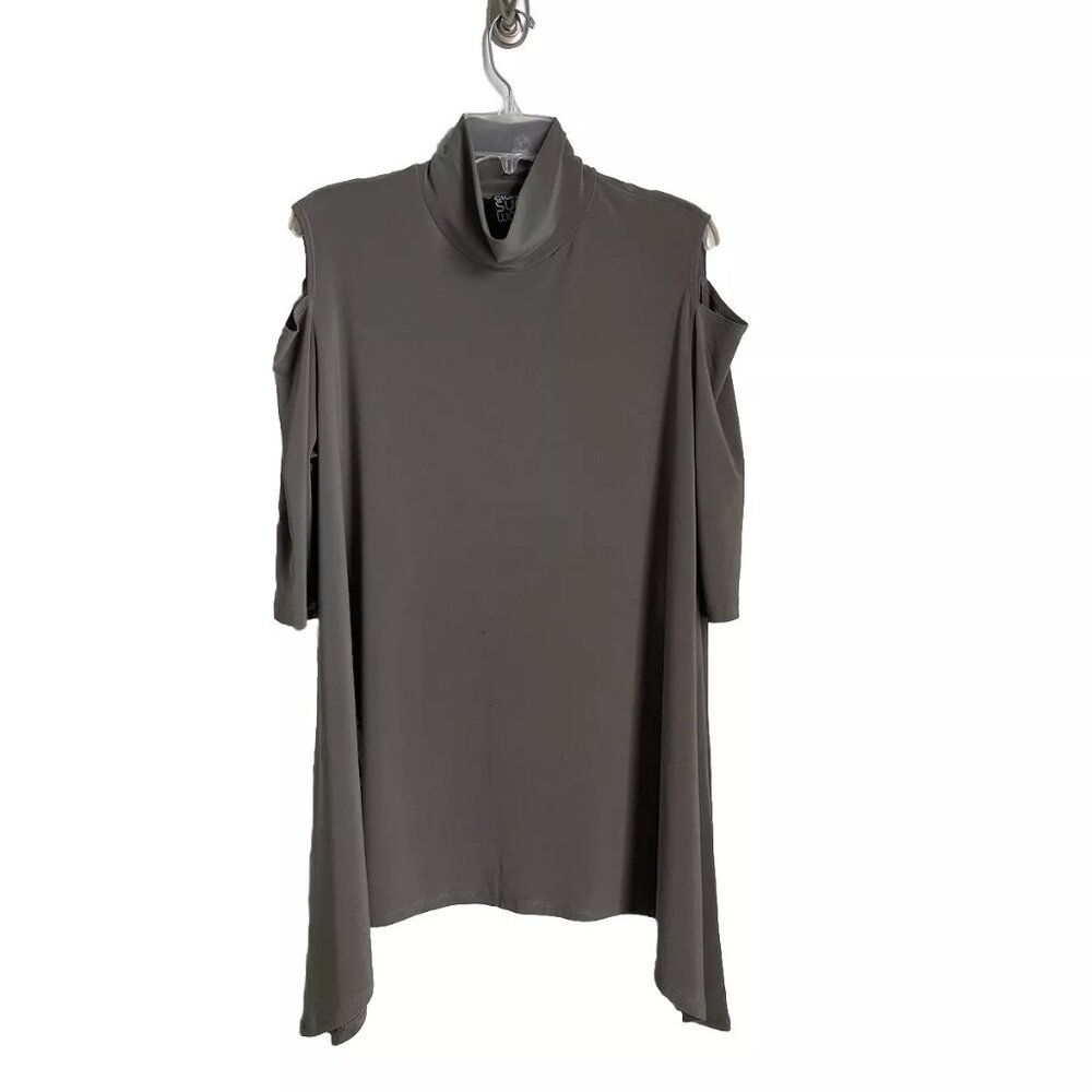 Clara Sun Woo Green Cold Shoulder Dipped Hem Tunic Slinky Wrinkle Free